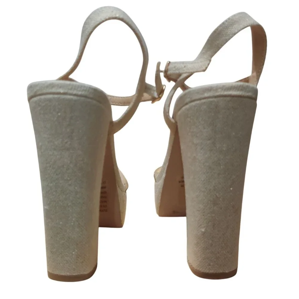 JustFab 8 Platform Block Heel Clear Strap Sandals Gold Glitter Linen Bridal Chic